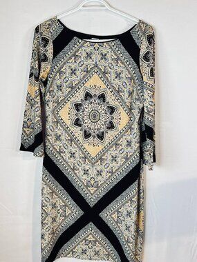 Valerie Bertinelli Geometric Mandala Dress — Size 8, Stretch Knit, Neutral Print
